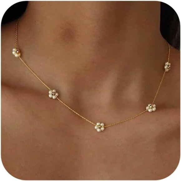 Jewelry - Pearl Necklaces for Women, Dainty Gold Necklace 14k Gold Plated Single Pearl Nec